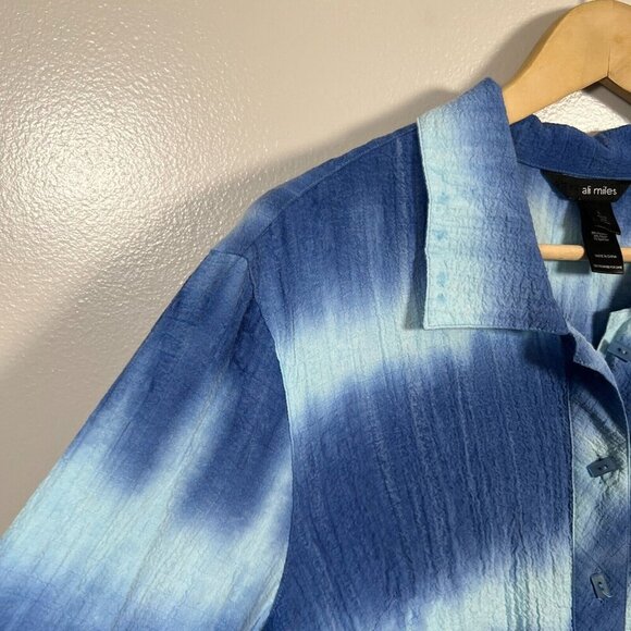 Ali Miles Crinkle Tunic Button Up Top Size Large Blue Tie Dye Artsy Art to Wear - Picture 4 of 11